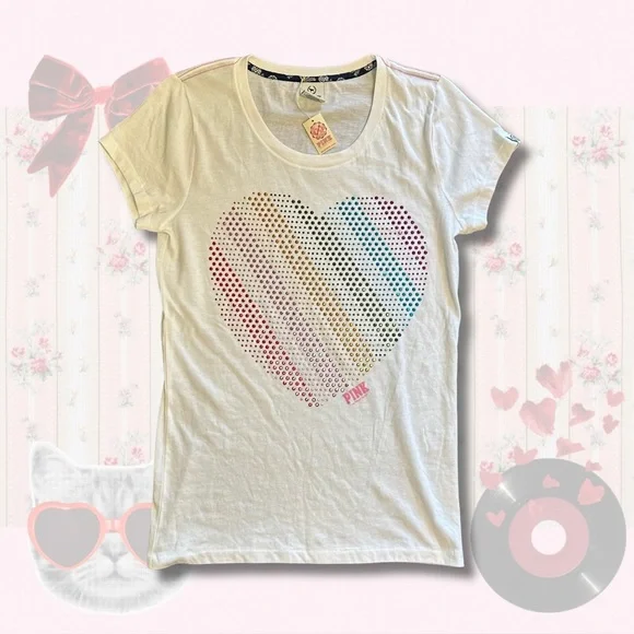 Victoria's Secret PINK white t-shirt with rainbow heart design in women’s Large - Picture 6 of 7